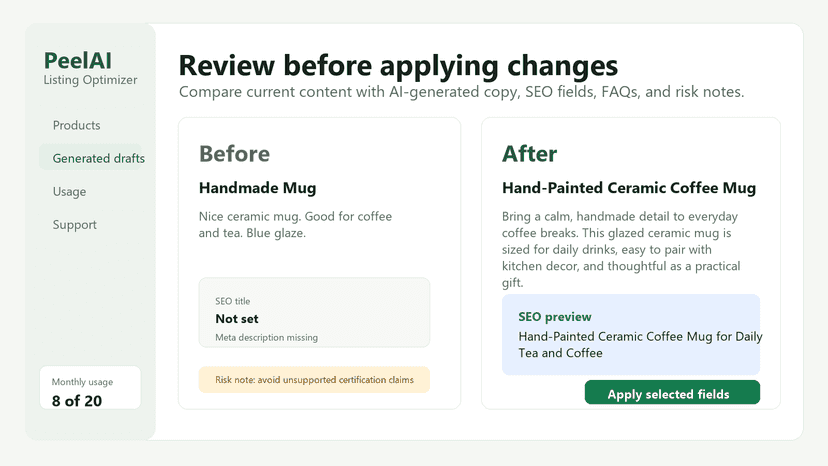 Before and after product copy and SEO preview