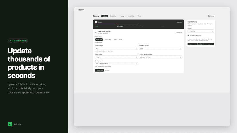 CSV price & stock import with column mapping
