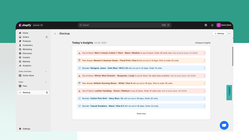 Stockup app dashboard inside Shopify showing daily inventory ins