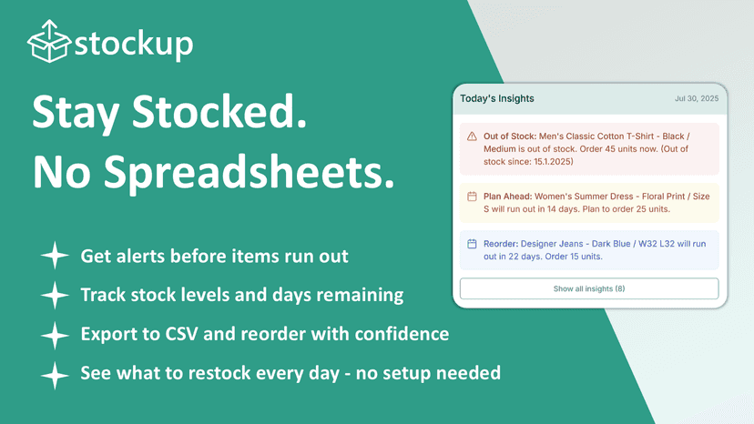Stockup app promo showing daily stock alerts and no-spreadsheet