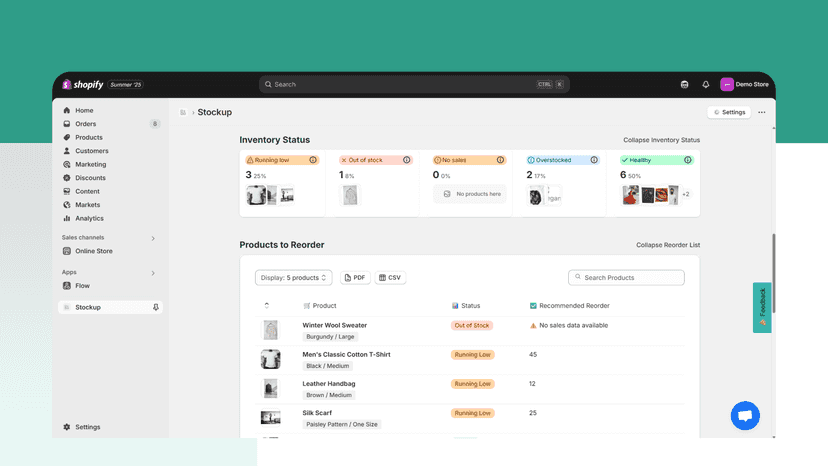 Stockup inventory status overview and reorder list in Shopify wi