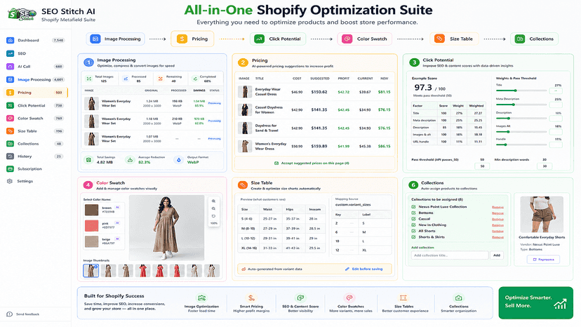 SEO Stitch AI suite for pricing, swatches, sizing & SEO