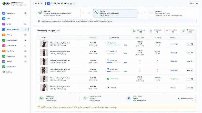 SEO Stitch AI image processing for Shopify product images
