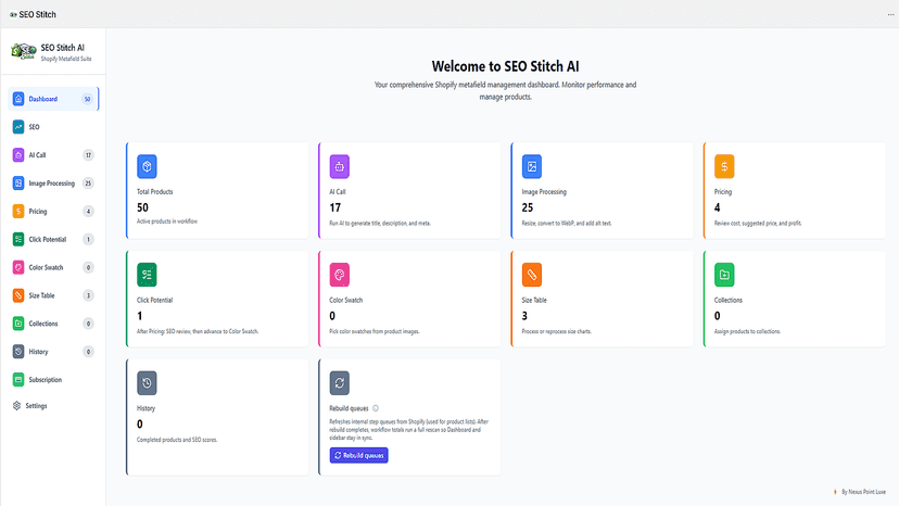 SEO Stitch AI dashboard for All-in one Shopify SEO optimization