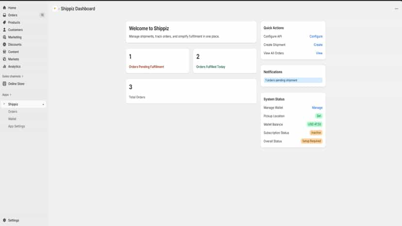 Shippiz Dashboard Main Page