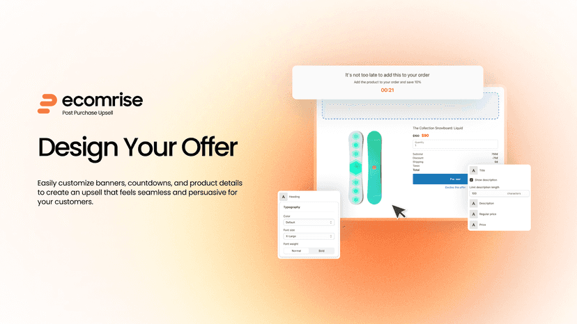 EcomRise design editor for customizing upsell offer layout and c