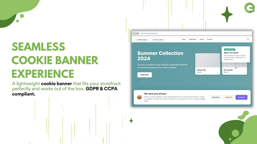 Customizable cookie consent banner with different options
