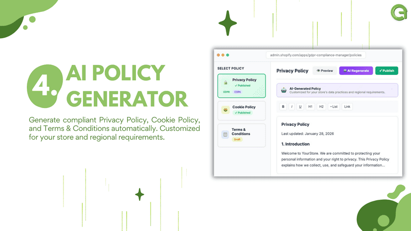 AI generates Privacy Policy, Cookie Policy, and Terms pages