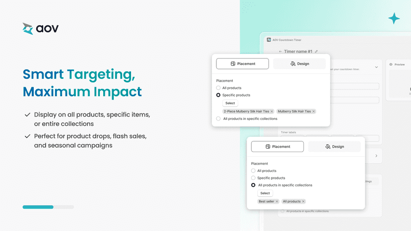 Countdown timer settings with product and collection targeting