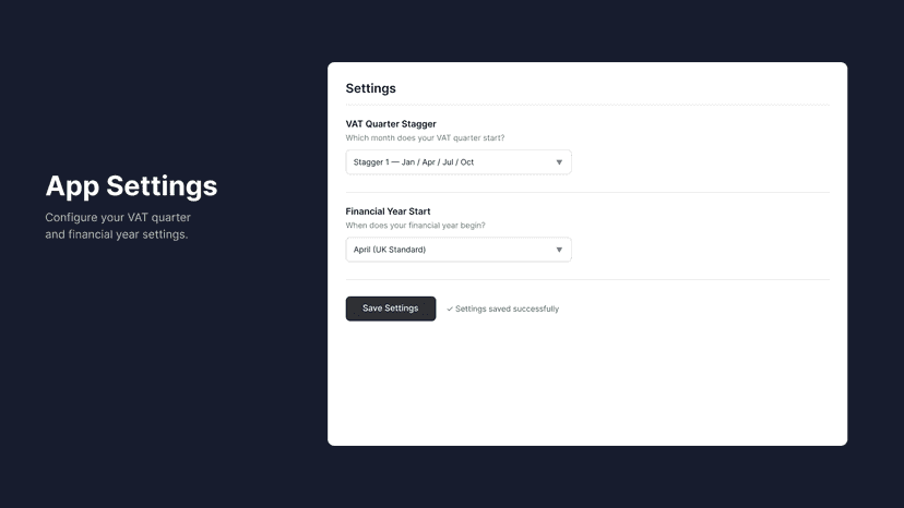 Settings page for VAT quarter stagger and financial year configu