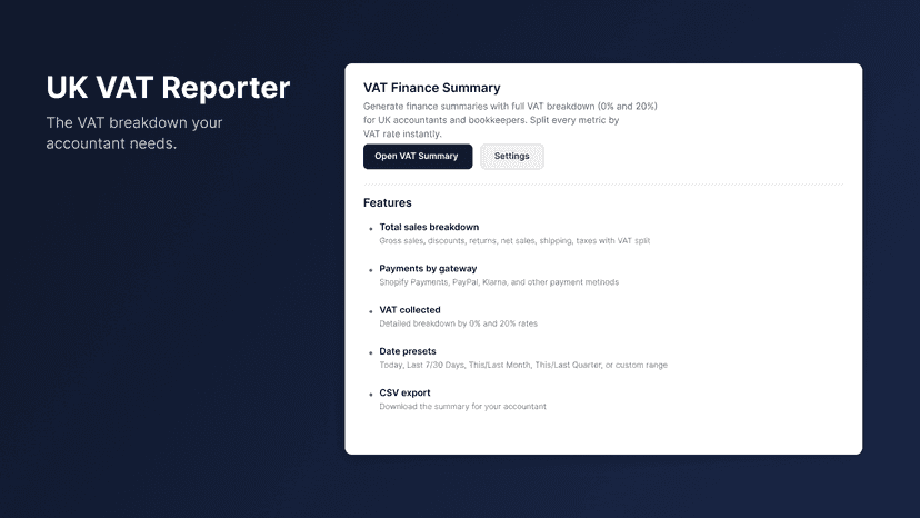 App home page with VAT finance summary features and quick naviga
