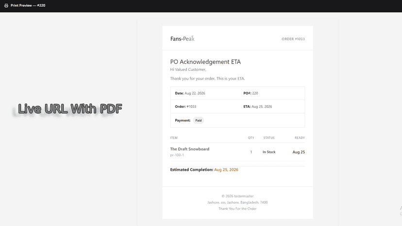 Actual output live url sent with email