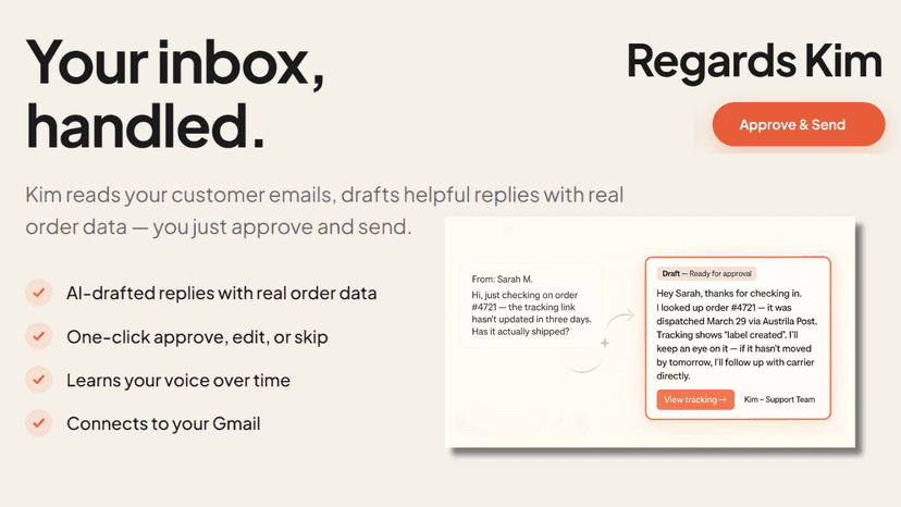 Regards Kim app interface showing AI-drafted customer email repl