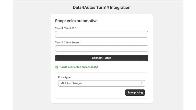 Turn14 integration screen for client ID and secret setup