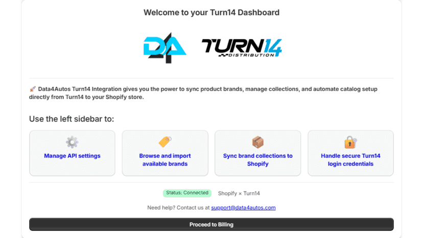 Data4Autos Turn14 app dashboard with sync and settings options
