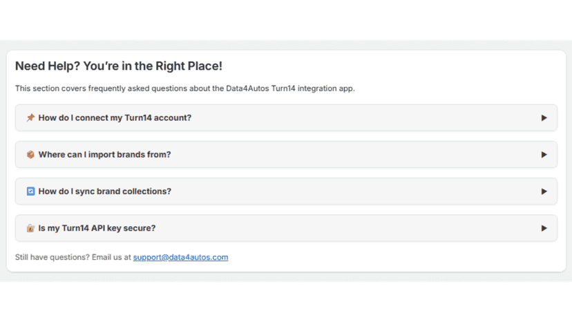 FAQ section with Turn14 integration help questions