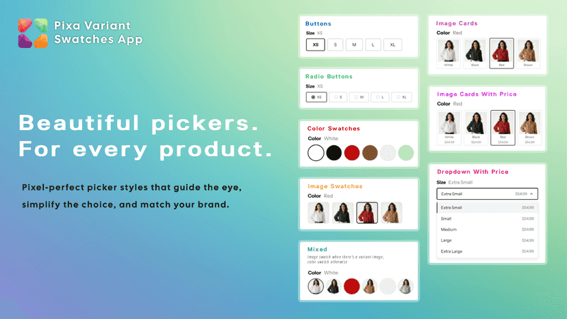 Eight variant picker styles: swatches, buttons, image cards