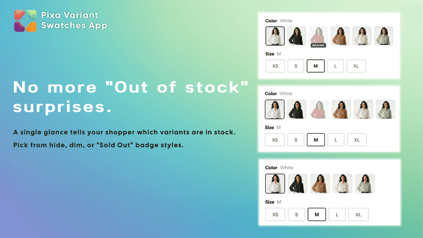 Sold-out variants: badge, dim, and hide display styles
