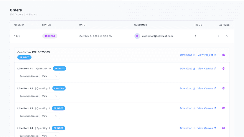 Order Management System displaying gangsheet orders with status