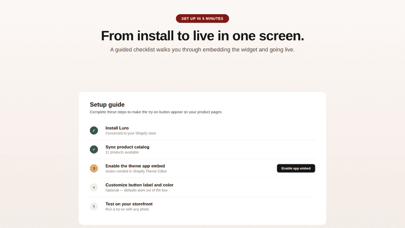 Luro Overview with setup summary and guided checklist