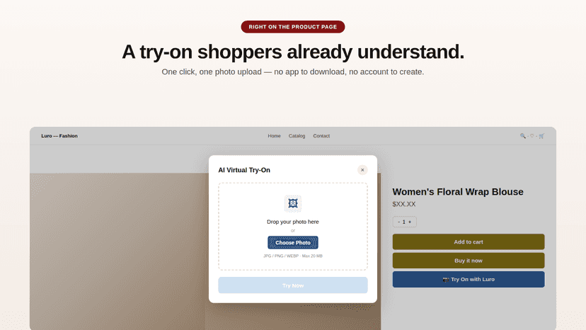 Shopper opens Luro try-on upload modal on a product page