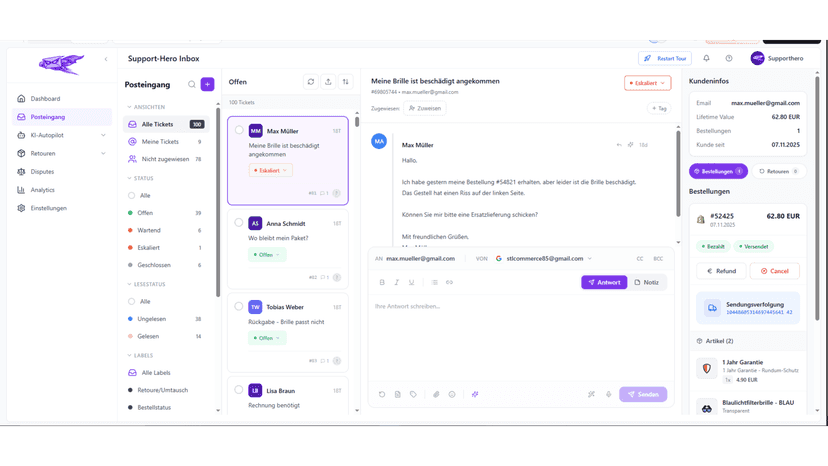 Support Hero unified email inbox dashboard.