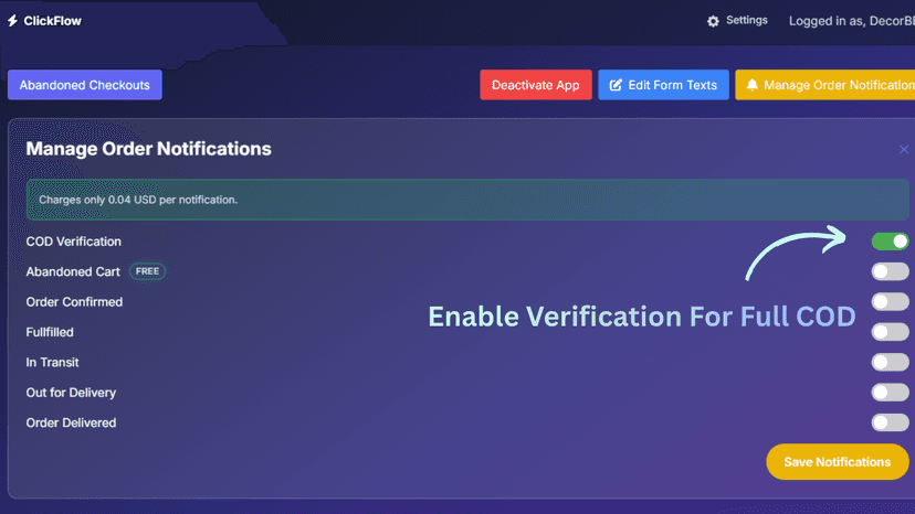 OTP Verification, Verify, Order updates notification
