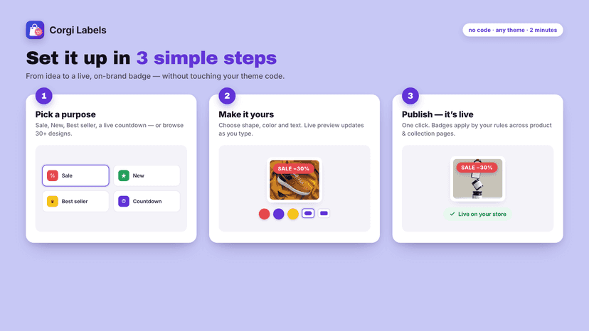 Set up a product badge in three steps, live preview