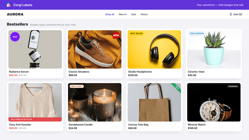 Live badges and a countdown timer on a collection page
