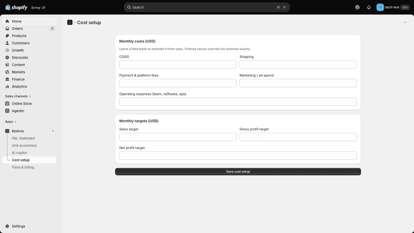 Set your costs and profit targets