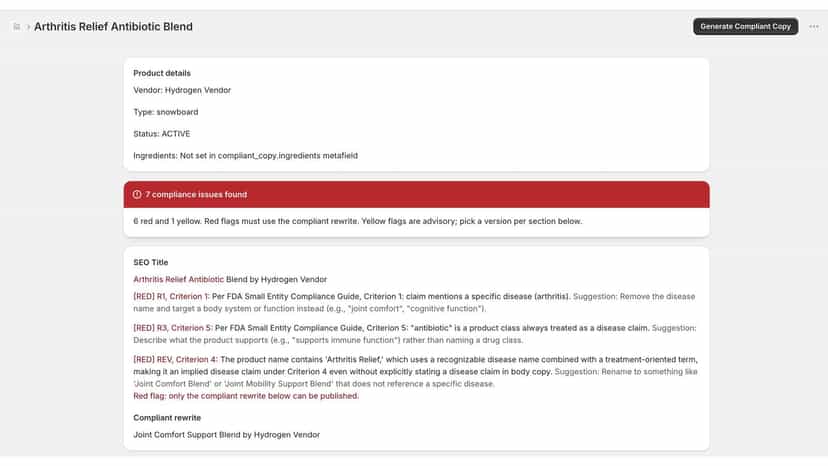 Product showing 7 compliance issues with FDA criterion citations