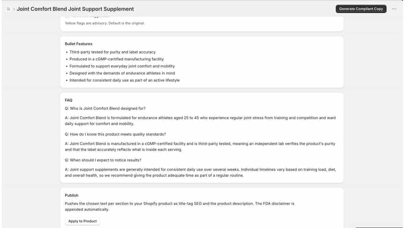 Bullet features, FAQ, and Apply to Product button