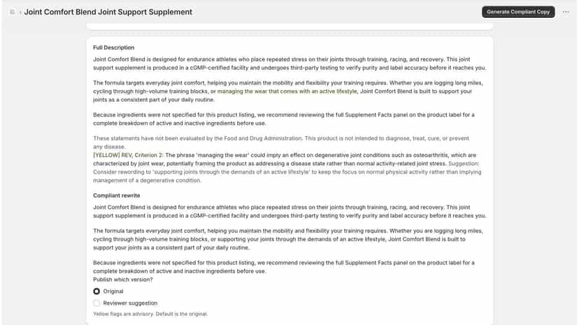 Red compliance flag with R2/R3 violations and rewrite