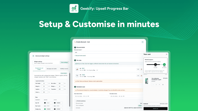 Geekify setup interface for tier discounts and cart progress bar