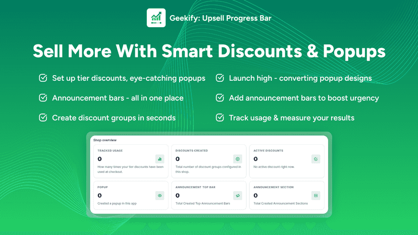 Geekify dashboard with smart discounts, popups and bars overview