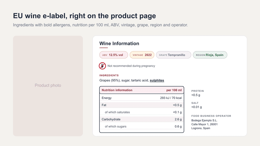 Wine info panel with pills and nutrition table on product page