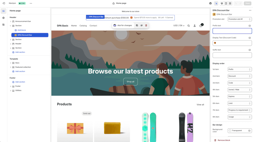 Adding DPA Discount Bar app block in theme editor