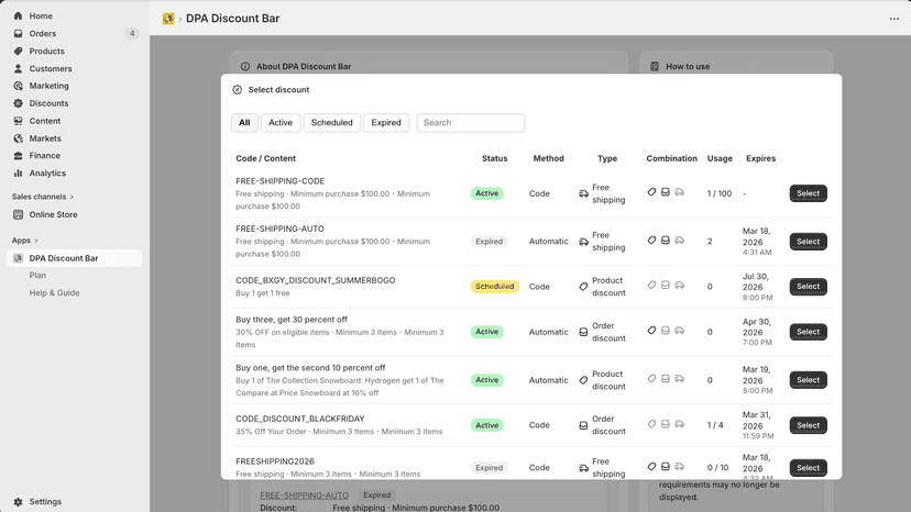 Selecting a Shopify discount in promotion slot modal