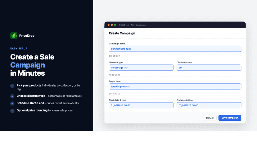 Campaign form - set products, discount type and schedule