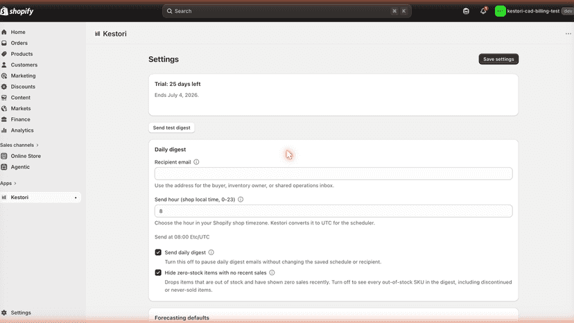 Settings: recipient, send hour, lead times, per-SKU overrides