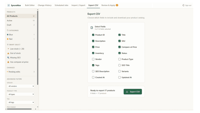 Export your catalogue as CSV - import CSV-files to your store