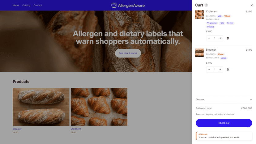 AllergensAware side cart prompt