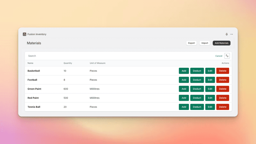 Materials Screen