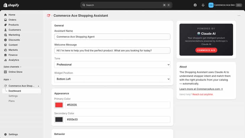 Commerce Ace Shopping Assistant settings and configuration page