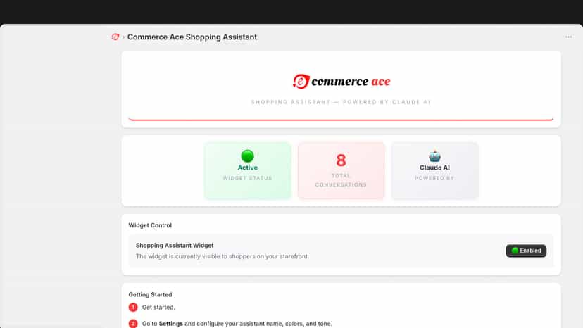 Commerce Ace Shopping Assistant dashboard