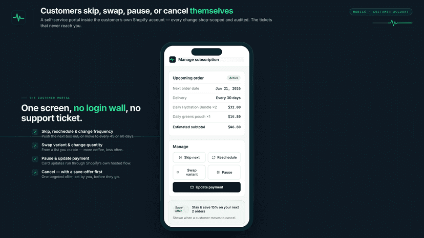Mobile RefillKit portal: skip, pause, swap, cancel