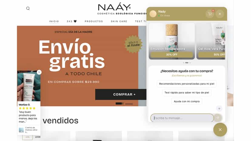 Carrusel de productos destacados y opciones rápidas en el chat