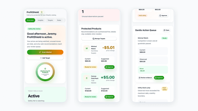 Mobile dashboard with scan, pulse, and product cards