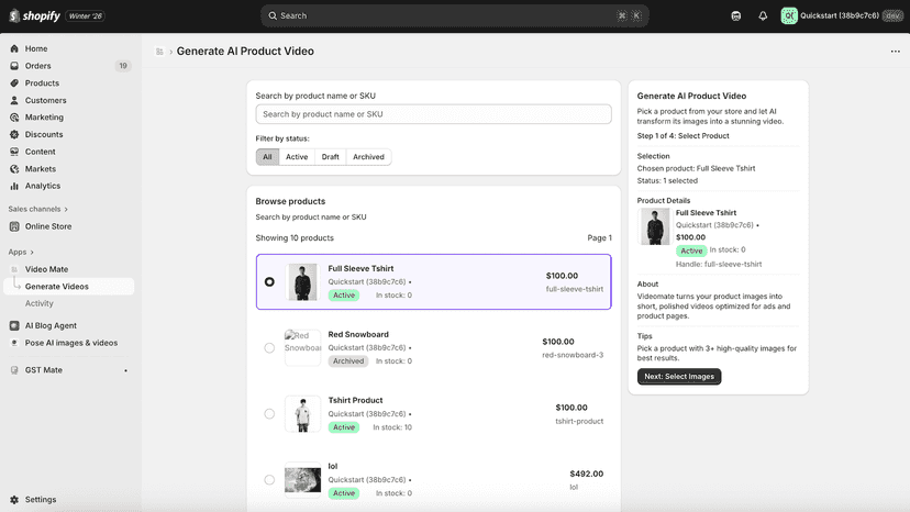Select a product to start creating your AI-powered video instant