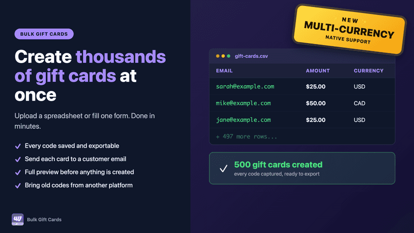 Create thousands of gift cards at once, in any currency